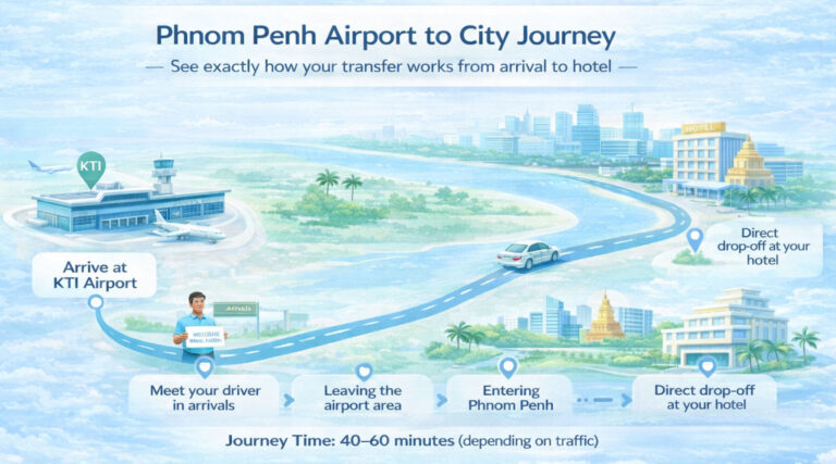 Phnom Penh airport transfer journey from KTI to city centre showing route, driver pickup and hotel drop off
